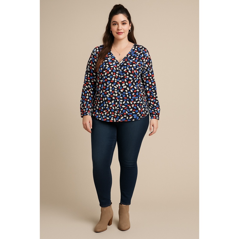 Zac and Rachel Top Womens Plus Size 2X Black Pleated Abstract Relaxed‎ Colorful